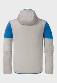 Kapuzenjacke mit einem hellgrauen strukturierten Körper und blauen Akzenten an den Schultern. Verfügt über lange Ärmel und einen geraden Saum.