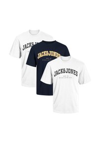 Three t-shirts: one white with black text, one navy with yellow and white text, and another white with black text, all in cotton.