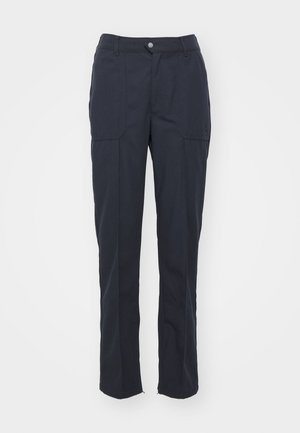 Pantalons bleu marine foncé avec une coupe droite, comportant deux poches avant, une fermeture à bouton et une texture de tissu lisse.