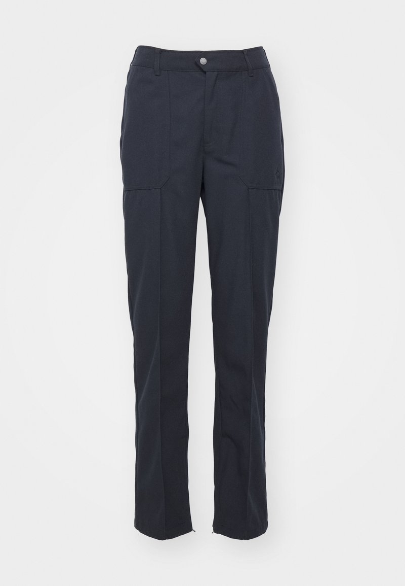 Dunkelblaue Hose mit geradem Schnitt, ausgestattet mit zwei Fronttaschen, einem Knopfverschluss und einer glatten Stofftextur.