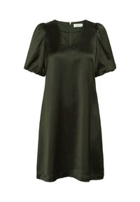 Rochie satin verde închis cu mâneci scurte tip puff, decolteu în V și fermoar la spate. Textură netedă, lungime până la genunchi cu o siluetă fluidă.