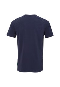 Marineblauwe T-shirt met korte mouwen en een ronde hals. Gladde katoenen stof, rechte snit en een klein merklabel aan de onderkant links.