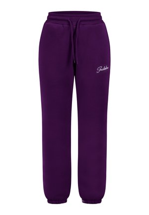 Pantaloni sportivi viola realizzati in un morbido tessuto testurizzato. Presentano una vita elastica con cordino e polsini a coste. Include un piccolo logo bianco.