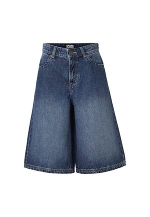 Vysoký pás tmavomodrých denimových culotte šortiek s prednými vreckami, očkami na opasok, zapínaním na gombíky a jemným vyblednutím na stehnách.