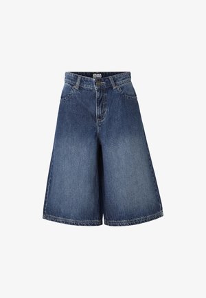 Shorts culotte en denim bleu foncé taille haute avec poches avant, passants pour ceinture, fermeture par bouton, et légère décoloration sur les cuisses.
