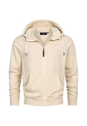 Felpa con cappuccio beige con zip, tessuto morbido, cappuccio con coulisse regolabile, due tasche frontali e polsini a costine. Logo del marchio discreto sul petto.