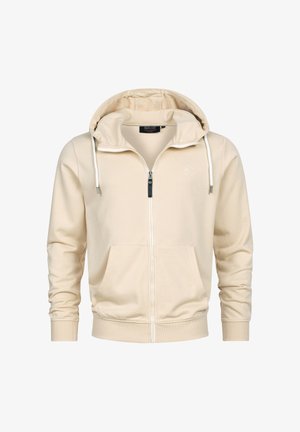 Felpa con cappuccio beige con zip, tessuto morbido, cappuccio con coulisse regolabile, due tasche frontali e polsini a costine. Logo del marchio discreto sul petto.