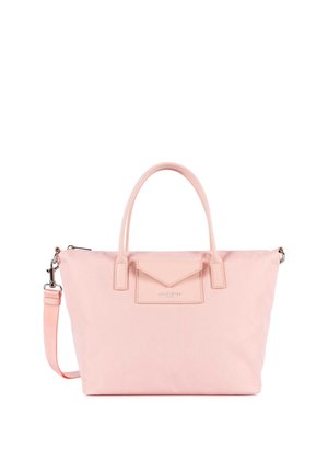 Light pink large tote bag with dual top handles, a detachable shoulder strap, and a front pocket with a flap closure.