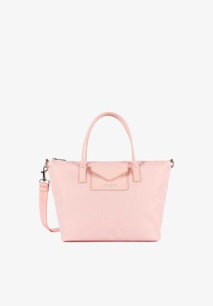 Grand sac cabas rose clair avec doubles poignées supérieures, une bandoulière amovible et une poche avant avec fermeture à rabat.