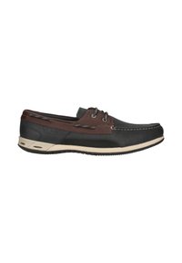 Chaussure bateau pour homme en cuir noir et marron avec semelle en caoutchouc blanche et détail à lacets sur fond blanc.