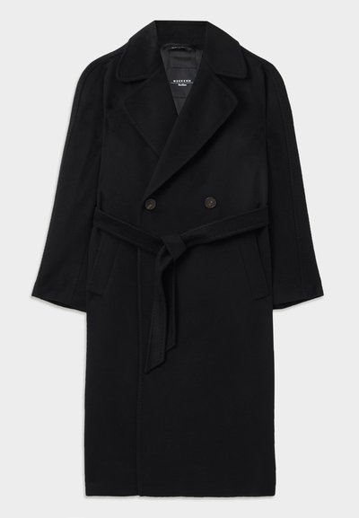 Black wool blend coat with a double-breasted design, wide lapels, belted waist, side pockets, and a smooth texture.
