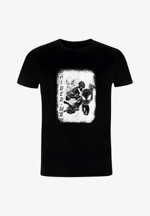 Czarna bawełniana koszulka z grafiką postaci Spider-Mana w odcieniach szarości, z teksturalnymi akcentami oraz napisem "SPIDER-MAN" z boku.