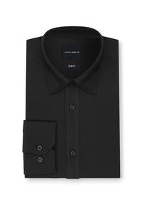 Czarna, dopasowana koszula z gładkiej tkaniny, z klasycznym kołnierzykiem, guzikami z przodu oraz mankietem z pojedynczym guzikiem.