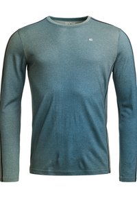 Long-sleeve crewneck shirt in a gradient blue-green color, featuring a textured fabric and black side accents. Logo on the chest.