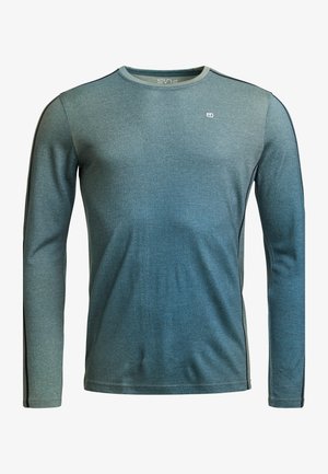 Long-sleeve crewneck shirt in a gradient blue-green color, featuring a textured fabric and black side accents. Logo on the chest.