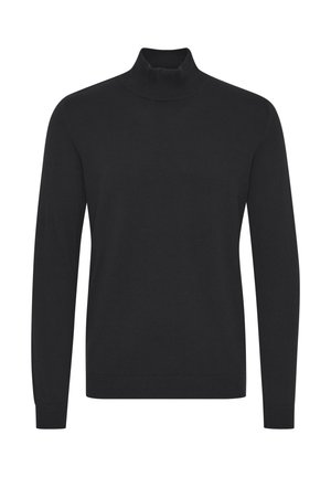 Schwarzer Rollkragenpullover aus glattem Stoff, mit langen Ärmeln und gerippten Bündchen und Saum. Schlichtes, ungeschmücktes Design.