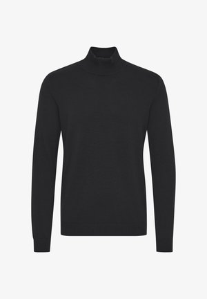 Schwarzer Rollkragenpullover aus glattem Stoff, mit langen Ärmeln und gerippten Bündchen und Saum. Schlichtes, ungeschmücktes Design.