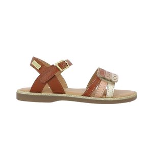 Sandal in pelle marrone con dettagli glitterati dorati, dotato di due cinturini regolabili e design con punta aperta. Suola piatta.