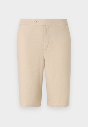 Beige linnedisciplinerede shorts med en frontknaplukning, to sidelommer og en lige pasform, der har en glat tekstur og et enkelt design.