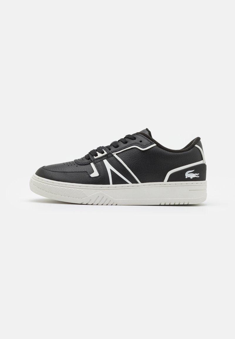Black leather sneaker featuring white accents, smooth texture, flat laces, and a rubber sole with a patterned tread. Lacoste logo on heel.