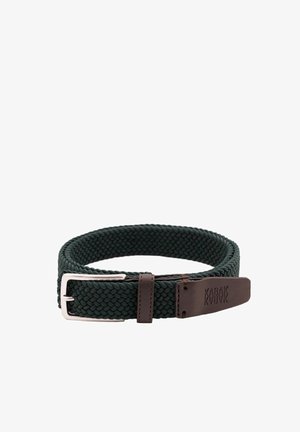 Spleciony zielony elastyczny pasek z brązowym skórzanym akcentem. Posiada srebrną metalową klamrę oraz wytłoczone logo na skórze.