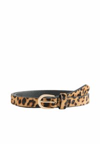 Ceinture en cuir à imprimé léopard avec un dos noir, dotée d'une boucle dorée et d'une texture lisse. Taille ajustable avec un design élégant.