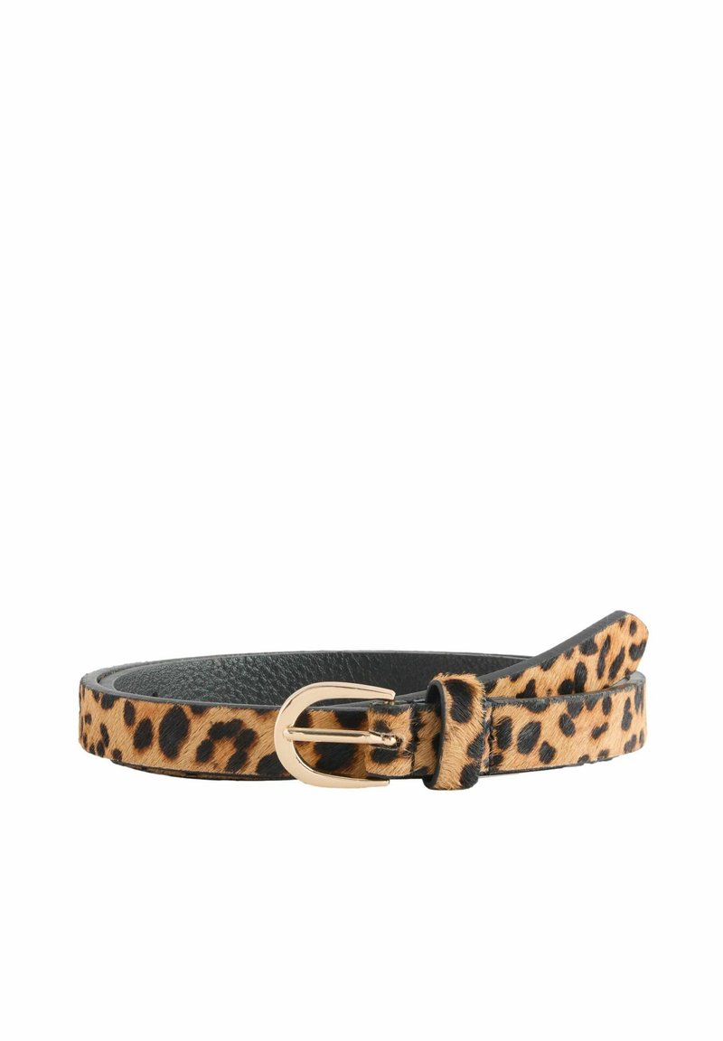 Ceinture en cuir à imprimé léopard avec un dos noir, dotée d'une boucle dorée et d'une texture lisse. Taille ajustable avec un design élégant.