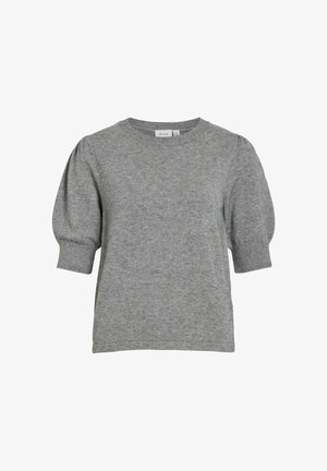 Grey knit short-sleeve sweater with puffed sleeves and ribbed cuffs, crew neckline, and a straight hem.