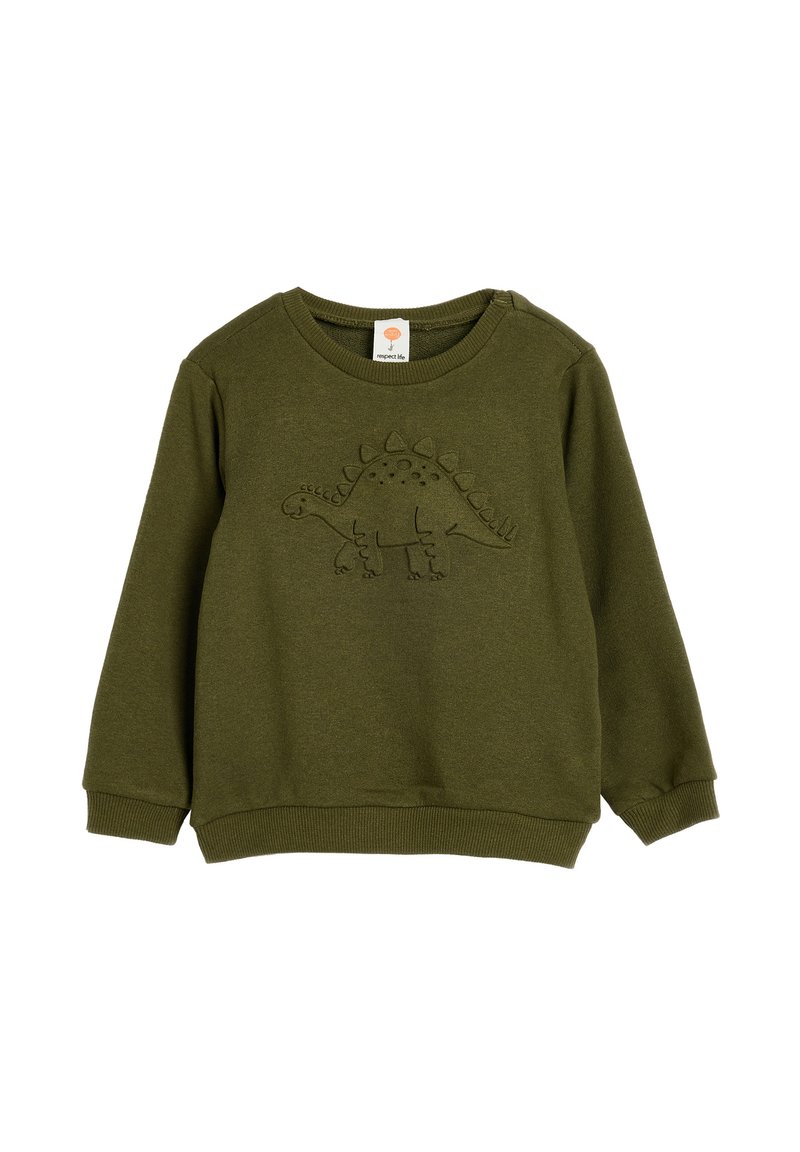 Olivgrön sweatshirt med långa ärmar, rund halsringning och präglad dinosauriedesign på framsidan. Mjuk textur med ribbade ärmslut och nederkant.