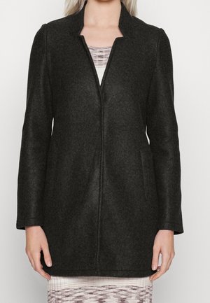 Gray felt coat with a collar, long sleeves, and front zipper. Features two side pockets and a straight cut design. Textured fabric.