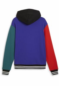 Sweat à capuche avec un corps violet, une capuche noire, une manche verte et une manche rouge. Ourlet côtelé rayé blanc et noir. Matière en mélange de coton.