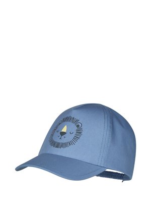 Blue children's baseball cap with an illustrated sleeping lion face on the front and an adjustable elastic back strap.