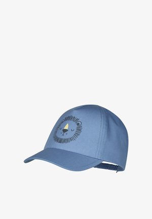 Blue children's baseball cap with an illustrated sleeping lion face on the front and an adjustable elastic back strap.