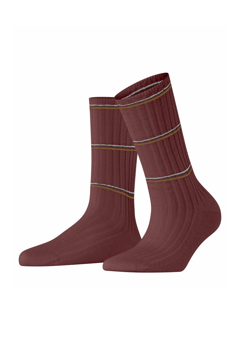 Calze rigate bordeaux con due accenti a strisce a contrasto giallo e grigio, caratterizzate da una morbida texture e un design di lunghezza media fino al polpaccio.