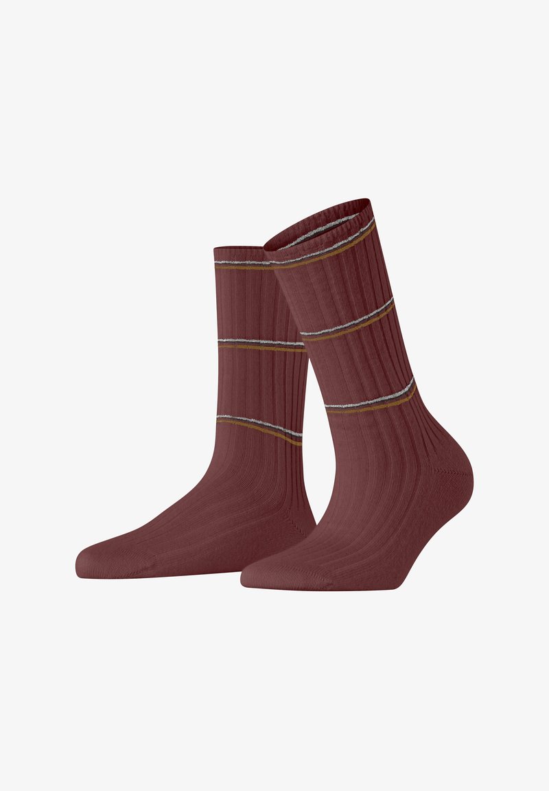 Burgundy ribbed socks with two contrasting striped accents in yellow and gray, featuring a soft texture and mid-calf length design.