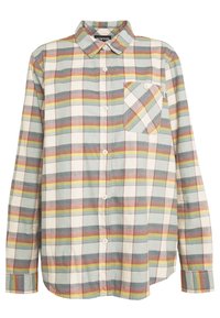 Long-sleeve plaid shirt in light blue, white, and yellow with buttons and a chest pocket featuring a diamond pattern and contrasting colors.