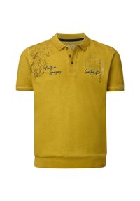 Mustard yellow polo shirt with map print, black buttons, and text reading "Northern Horizons" and "84 Outdoor City Since 1984."