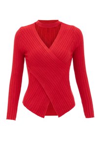 Rød ribbet langærmet sweater med crossover V-udskæring. Den teksturerede stof har subtile lodrette striber og en tætsiddende silhuet.