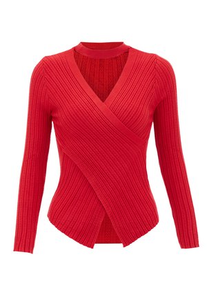 Rød ribbet langærmet sweater med crossover V-udskæring. Den teksturerede stof har subtile lodrette striber og en tætsiddende silhuet.