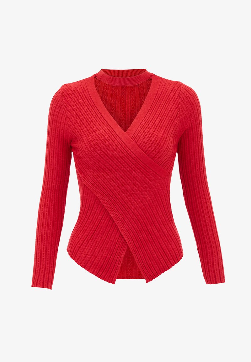 Rot gestreifter Pullover mit langen Ärmeln und Kreuz-V-Ausschnitt. Der strukturierte Stoff hat dezente vertikale Streifen und eine figurbetonte Silhouette.
