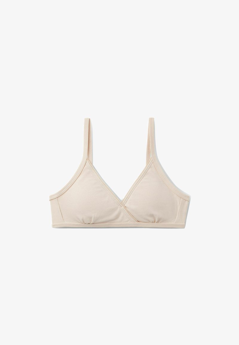 Soutien-gorge triangle beige clair avec de fines bretelles réglables et un tissu doux. Présente un design sans couture et un centre froncé pour un confort optimal.