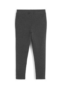 Dunkelgraue Leggings aus einem dehnbaren Stoff. Enganliegendes Design mit einer glatten Textur, ohne sichtbare Nähte oder Taschen und einem einfachen Bund.