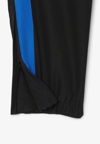 Zwarte sportieve shorts met een blauwe inzet, ritsluiting en elastische tailleband van textuurstof. Geschikt voor sport- of vrijetijdsbesteding.