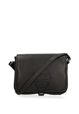 Sac bandoulière en cuir noir avec sangle réglable et fermeture à rabat avant, avec logo de marque subtilement embossé.