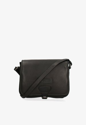 Zwarte leren crossbodytas met verstelbare riem en voorflap sluiting, met subtiel geperst merklogo.