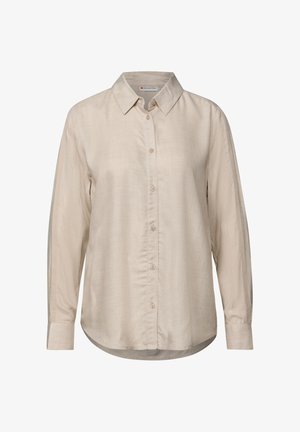 Camicia beige a maniche lunghe con colletto, realizzata in un tessuto leggermente texturizzato e con orlo curvo per un fit rilassato.