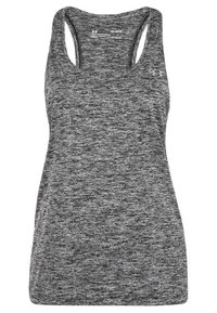 Top deportivo sin mangas de color gris con una textura jaspeada, escote en forma de curva y diseño de espalda nadadora. Fabricado con un tejido ligero que absorbe la humedad.