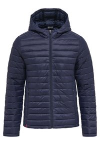 Giacca puffer blu navy con cappuccio, caratterizzata da un motivo a quadri orizzontali, chiusura frontale con zip e due tasche laterali. Tessuto leggero.