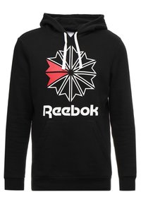 Black cotton hoodie featuring a large white Reebok logo and a red geometric pattern. Includes a front pocket and white drawstrings.