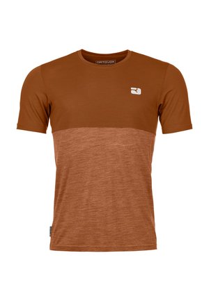 Brown short-sleeve T-shirt with a color-blocked design. The top is a darker shade, and the bottom is a lighter texture. Small logo on the chest.